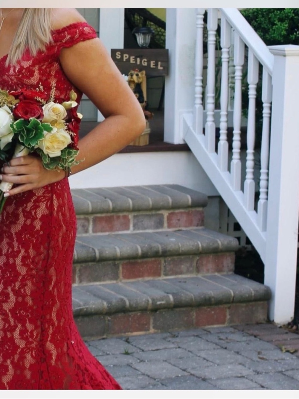 Jovani Red and Nude Lace Evening Dress